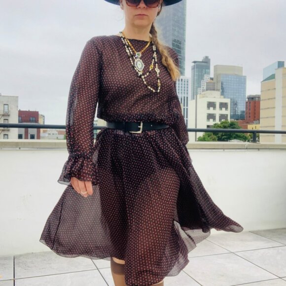 🌸 Philosophy Sheer Midi Dress Micro Floral Print Ditzy Black - Picture 3 of 16